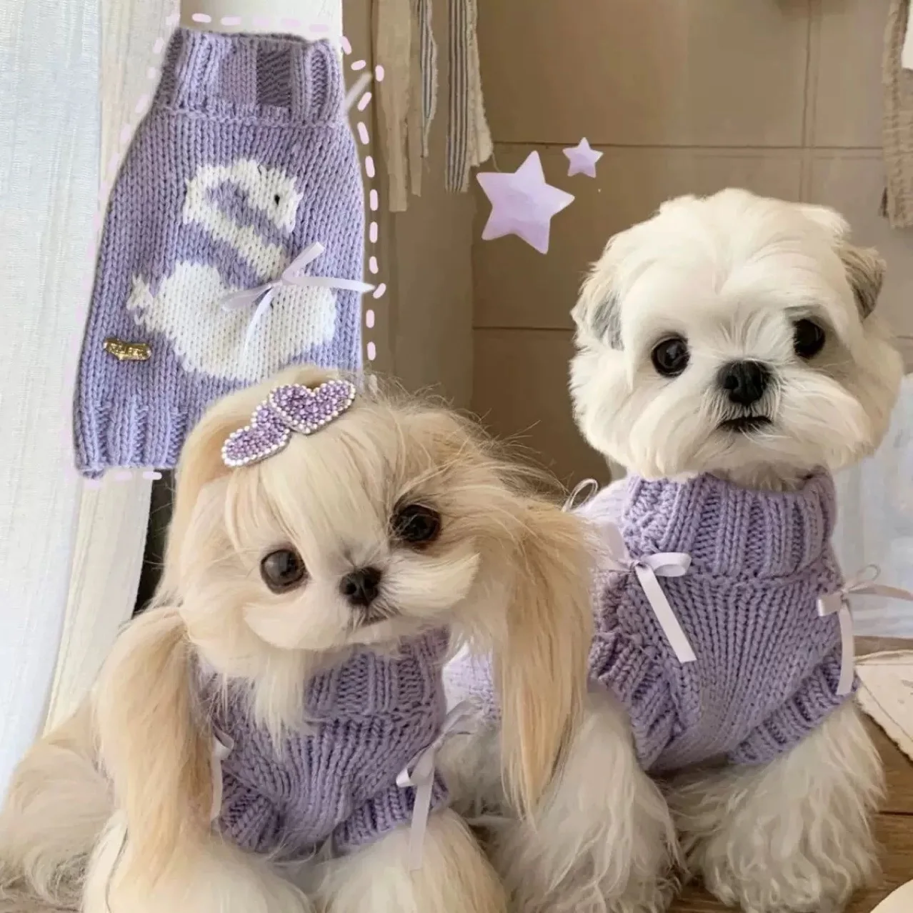

Purple Elegant Swan Design Cute Pet Sweater Maltese Puppies Bow Dog Necked Knitted Sweater