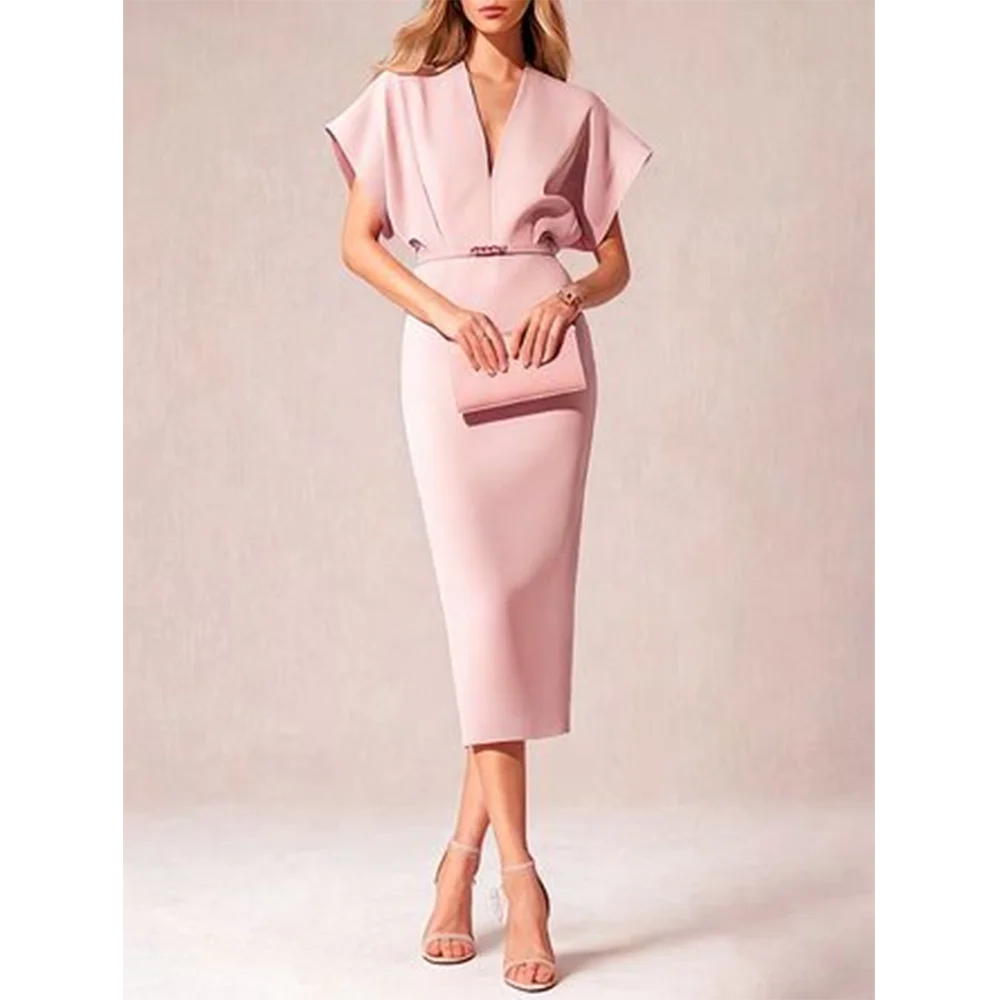 라이트 컬러 댄스 파티 드레스 짧은 소매 깊은 V 넥 여성을위한 간단한 패션 인어 긴 파티 드레스