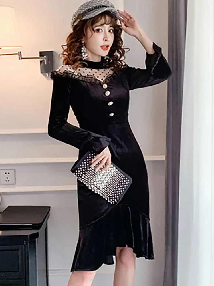 Autumn Winter Black Velvet Patchwork Mesh Midi Dress Polka Dot Sheer Sexy Club Women's Dress 2024 Korean Vintage Hepburn Dresses