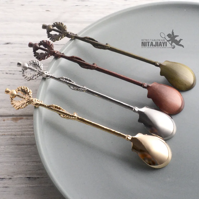 Thistle Leaf Coffee Spoon Vintage Style Coffee Spoon Cutlery Kitchen Accessories European Carved Retro Palace Style Spoons