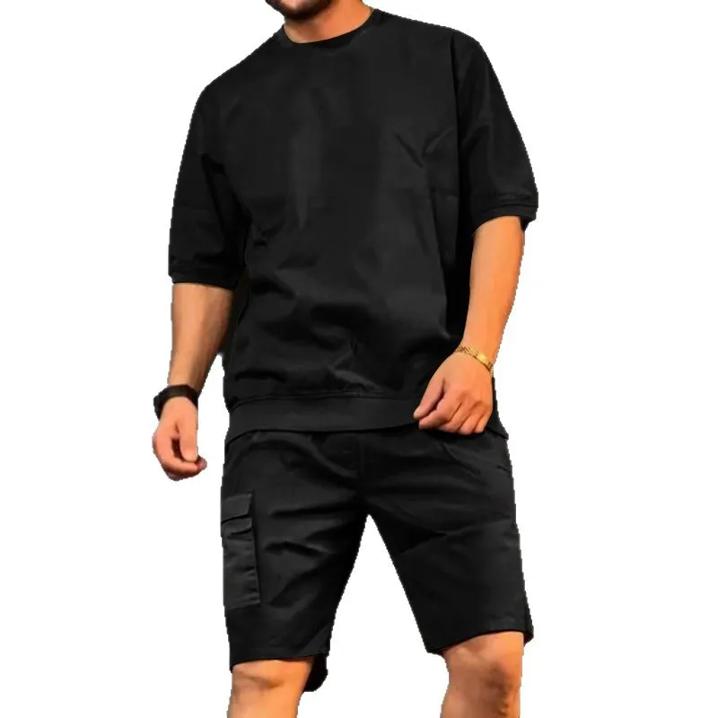 Mens Summer Cargo Sports Set  Cross Border Multi Pocket Five Point Shorts with Trendy Casual Short Sleeve Stylish Mens Two Piece