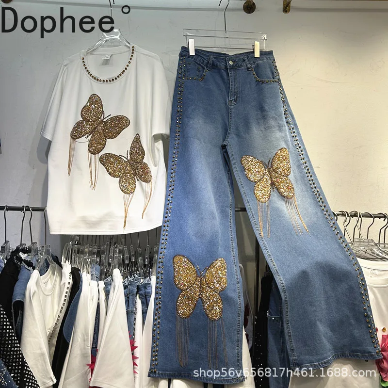 

Fashionable Female Two-piece Set Gold Diamond Butterfly Tassel Loose Short Sleeve T-shirt Top + High Waist Casual Straight Jeans