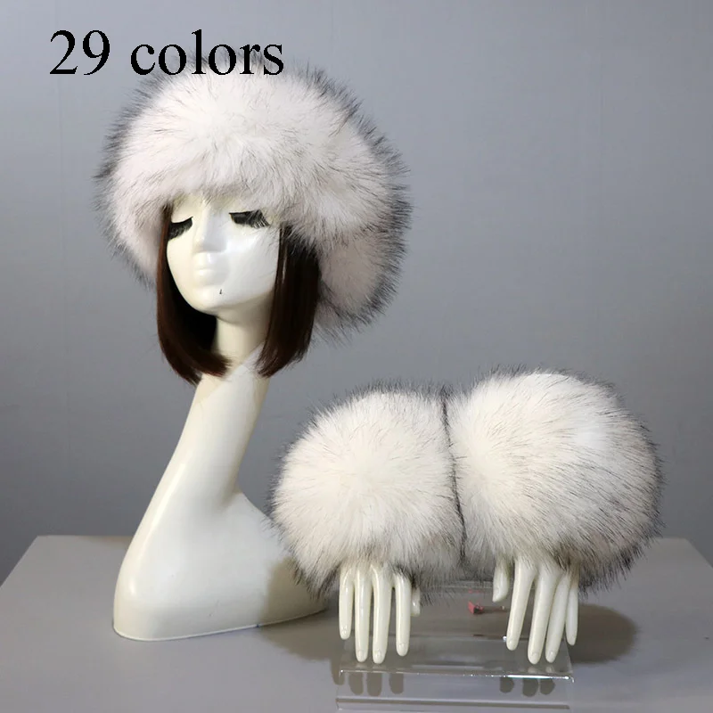 Faux Fox Fur Headband, Chapéus, Punhos, Manga de Pulso, Luvas, Luvas, Estilo Russo, Moda Inverno, Calor, 3 peças, Conjunto