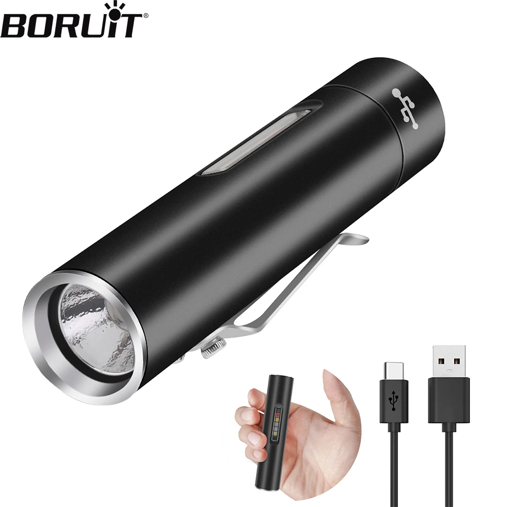 BORUiT V5 LED Portable Mini Flashlight Super Bright Type-C Rechargeable Torch Waterproof UV Work Light Pen Clip Lantern