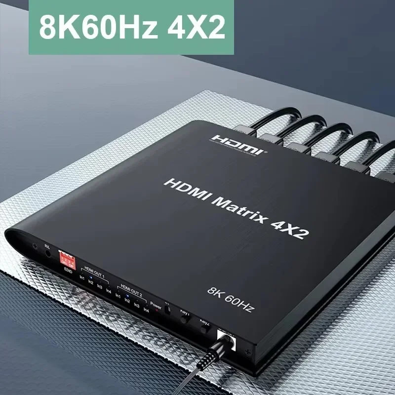 8K@60hz Ultra HD 4x2 Matrix HDMI Switch Splitter 4K 120Hz HDR HDCP 2.3 EDID 4 in 2 Out Video Converter Support Dual Display