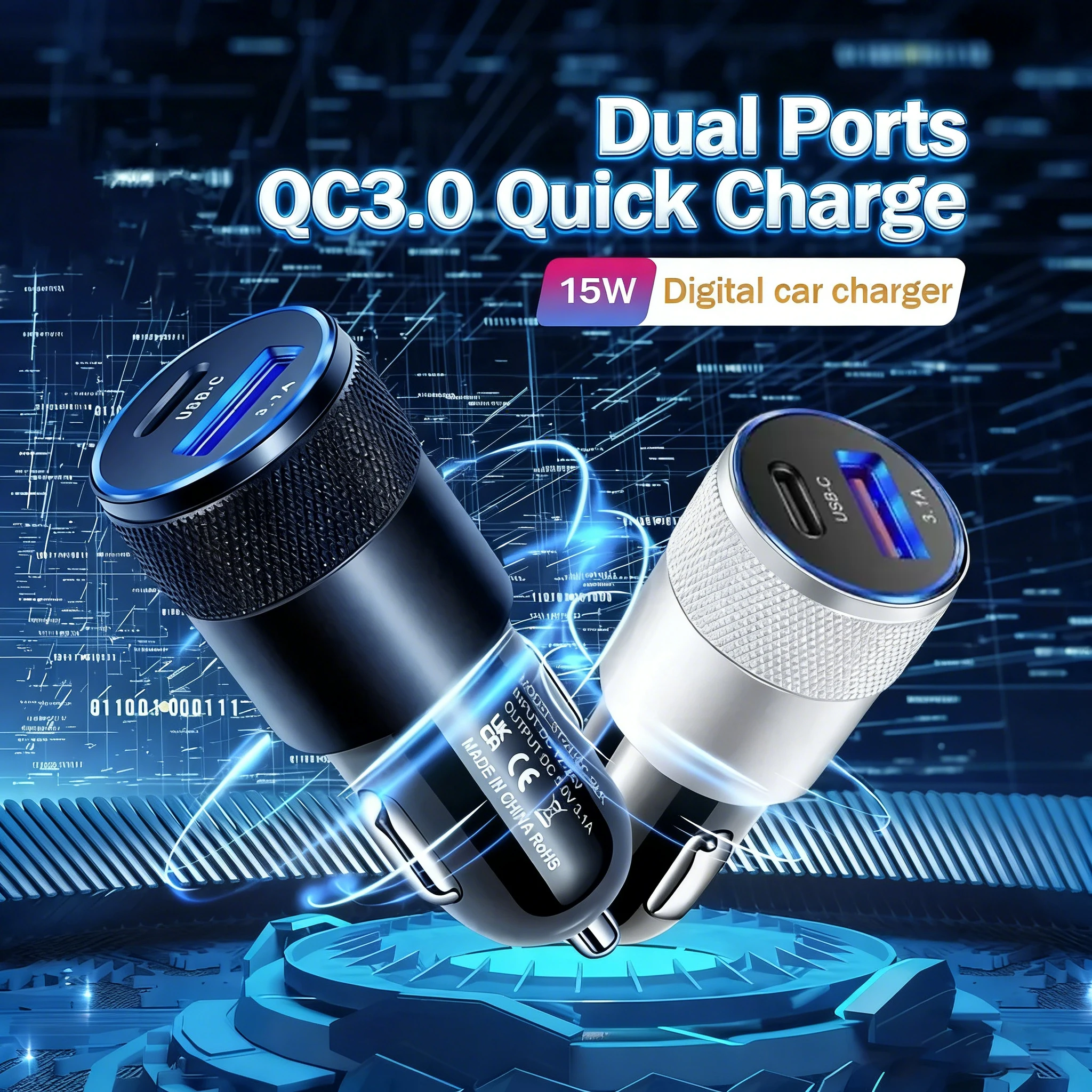 

3.1A 15W Car Charger Black+White USB With PD Fast Charger Adapter Car Auto Replacement Charger For iPhone 16 13 For Samsung S22