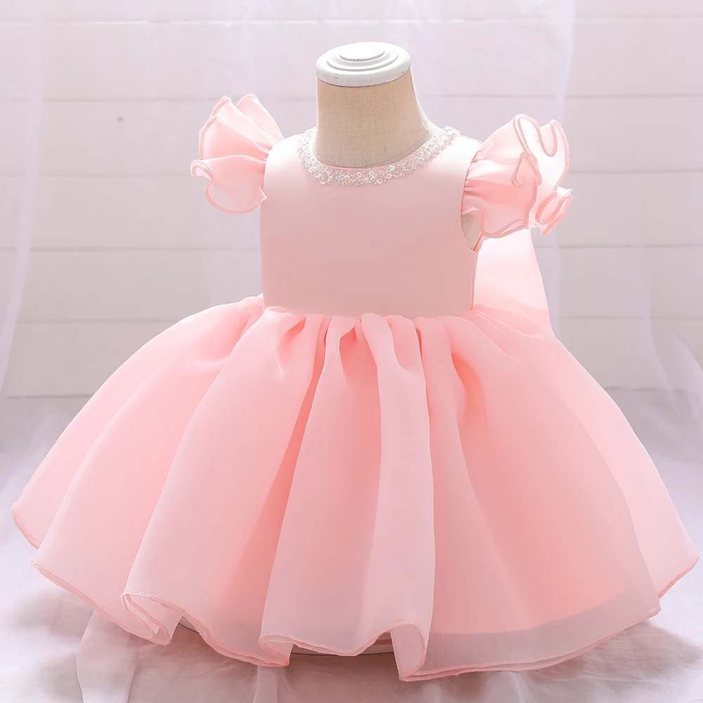 Summer Pink Chlid kids Clothes Beading First Birthday Dress Baby Girl Ceremony Ball Gown Bow Princess Party 3 6 Month Vestidos