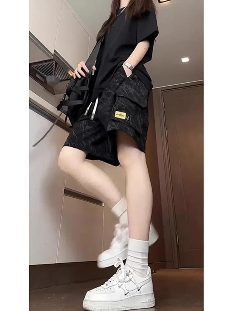 Black Dyed Workwear Shorts Women Summer Outdoor Wear American Retro Small Size Loose Casual Five-Quarter  Pants