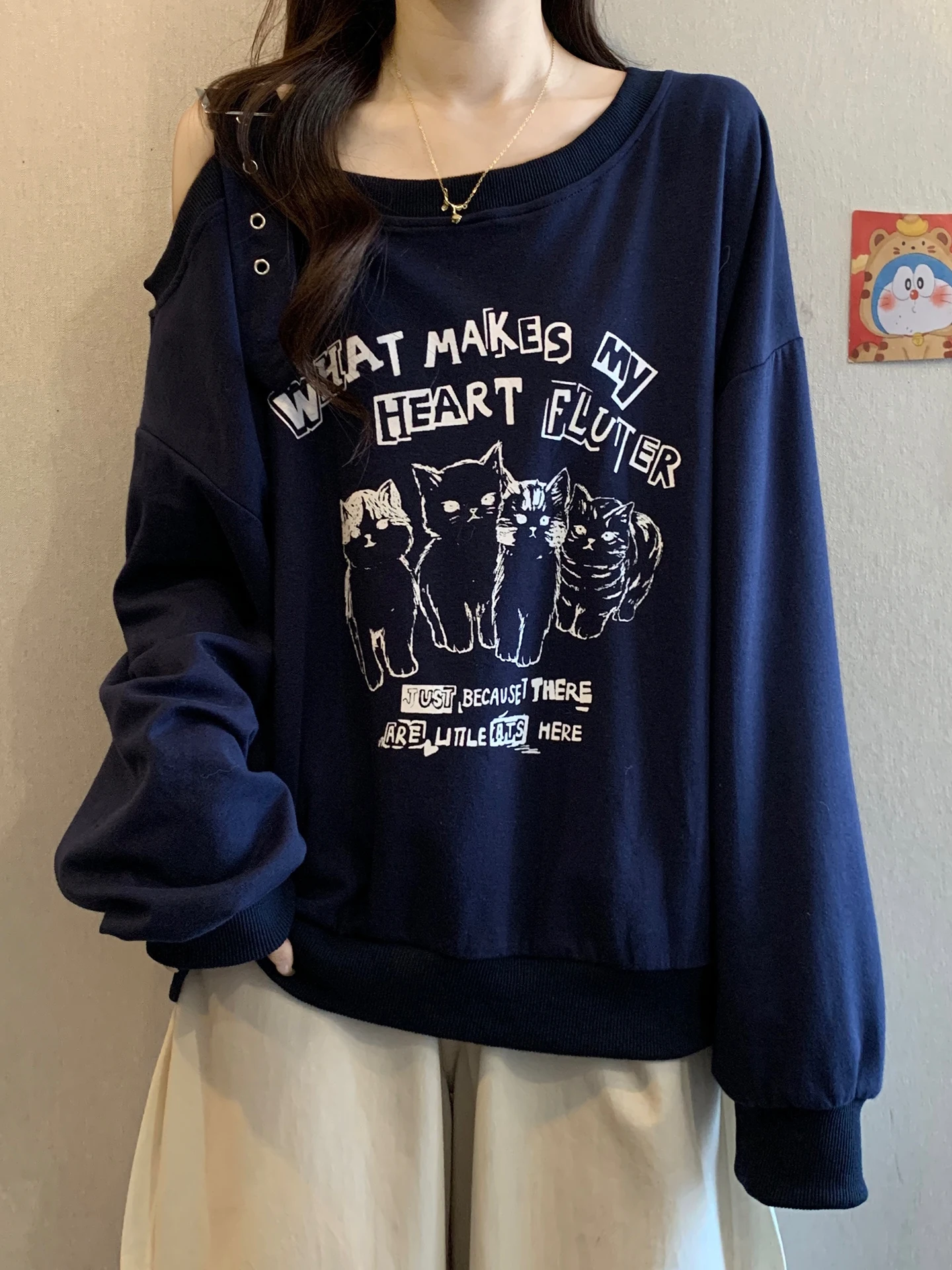 

Loose Lazy Sle oulder Bared Sweatirt Women Spring Autumn New Large Size Fat MM Design Sense Anti Aging Long Sve Top