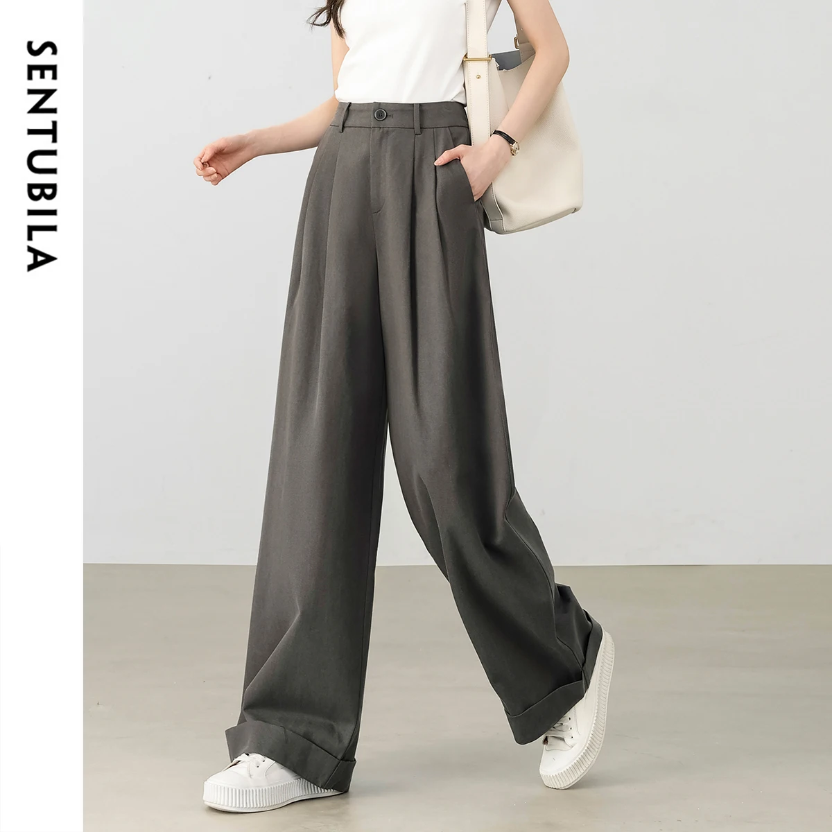 SENTUBILA Women's Summer Pants 2025 Fashion Solid High-waist Folds Pockets Trousers Simple Wide Leg Commuter Outfit W53KD3924X