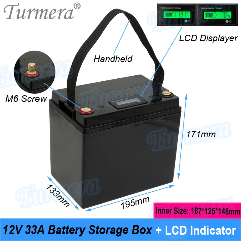 Turmera-caja de almacenamiento de batería, Lifepo4 indicador LCD para baterías de mano, sistema de energía Solar, 12V, 33A, 18650, 26650, 21700, 32700