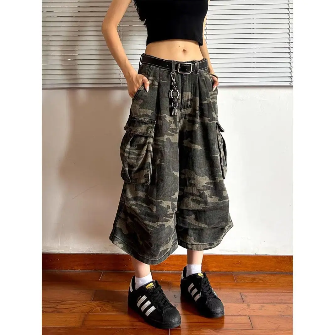 Unisex jeans bijgesneden broek 2025, retro noodlijdende cargobroek, unisex camouflage denim stijl, rechte crop broek met wijde pijpen