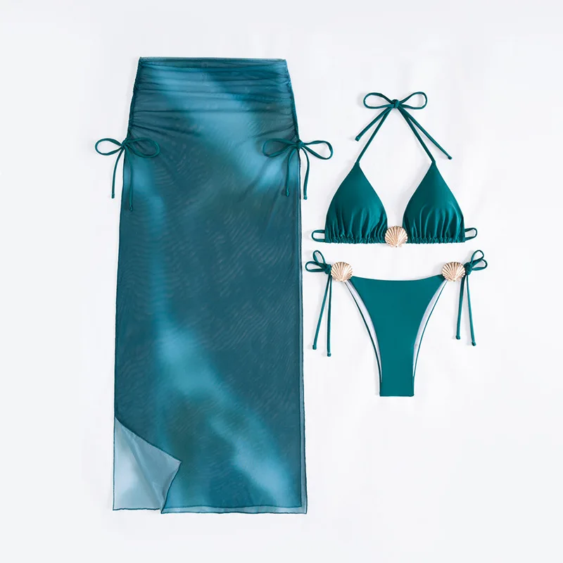 Sexy Pleate Long Skirt 3 Piece Bikini Set 2026 Women Metal Shell Ornament Push Up Thong Swimsuit Beach Bathing Suit Swimwear