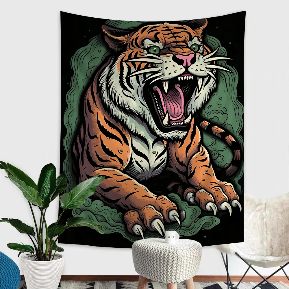 Wild Tiger Tapestry Vintage Tattoo Woman Living with Beasts Fade-proof Living Room Bedroom Decorative Tapestry Elevate  Space