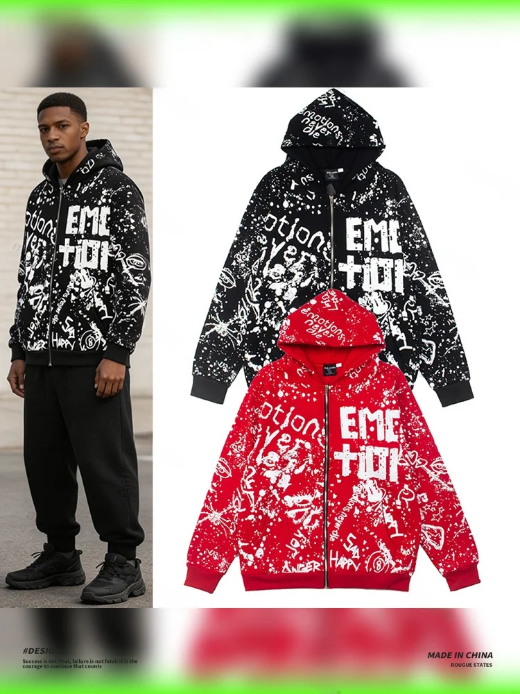 Mixed Emotion Series High Street Printed Letter Hoodie Zipper Casual Sweatshirt Unisex Long Sleeve Cotton T-Shirt