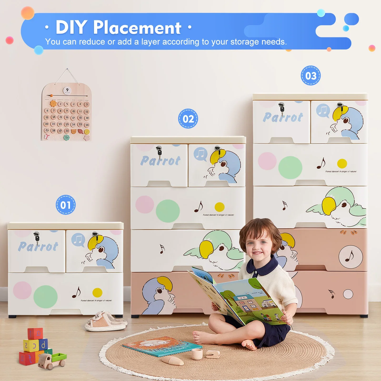 6 STKS Opbergdoos Papegaai Model Plastic Lades Dressoir Binnenmeubilair DIY Plaatsing Afneembare Opbergkast W/4 Wielen