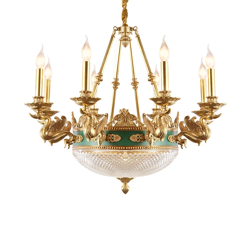 

French Classical Luxury Brass Chandelier Villa Foyer Dome Decorative Lamp European Style Glass Copper Pendant Light