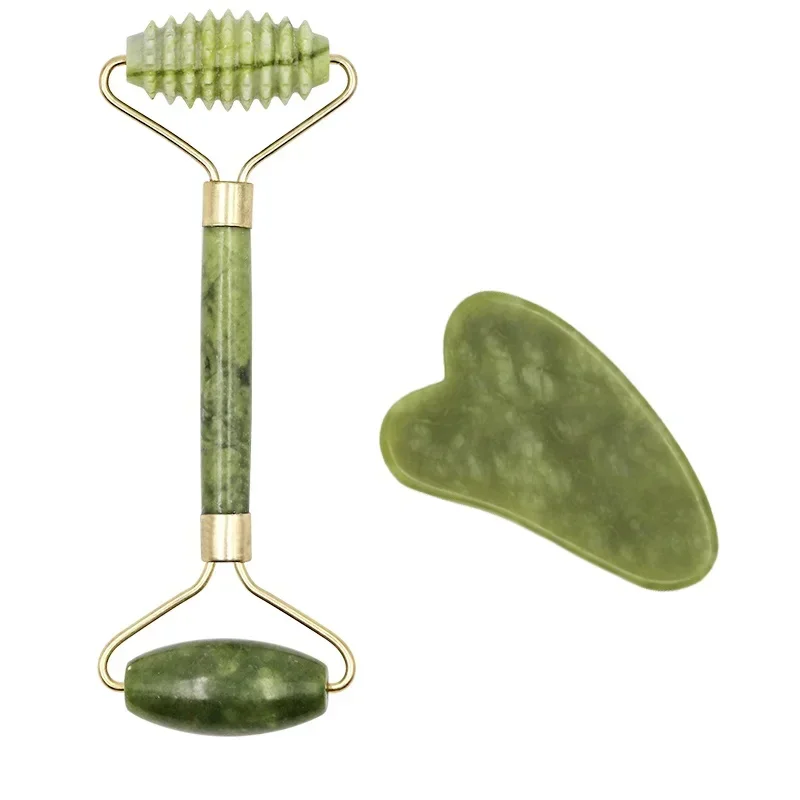 Rosto microniddle rolo gua sha 2 pçs/set massageador natural para rosto guache raspador rosto massageador jade rolo guasha raspador