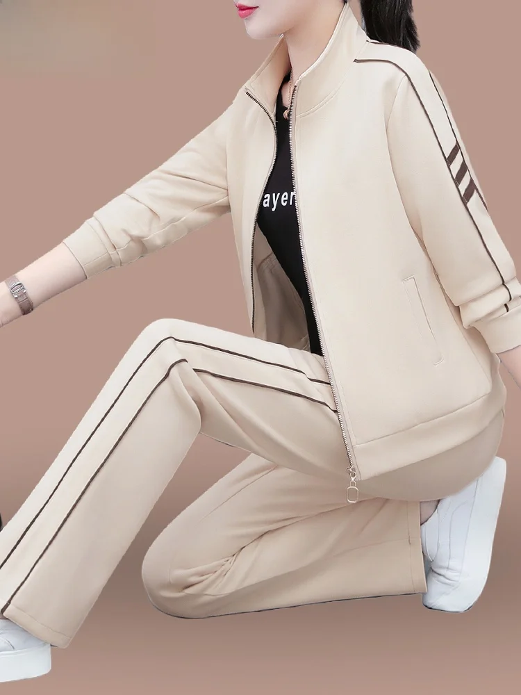 

TUCANO Women's Sportswear Set Loose Fit Thin Spring Autumn Stand Collar Jacket Long Pants Casual Three Piece Suit for Mom