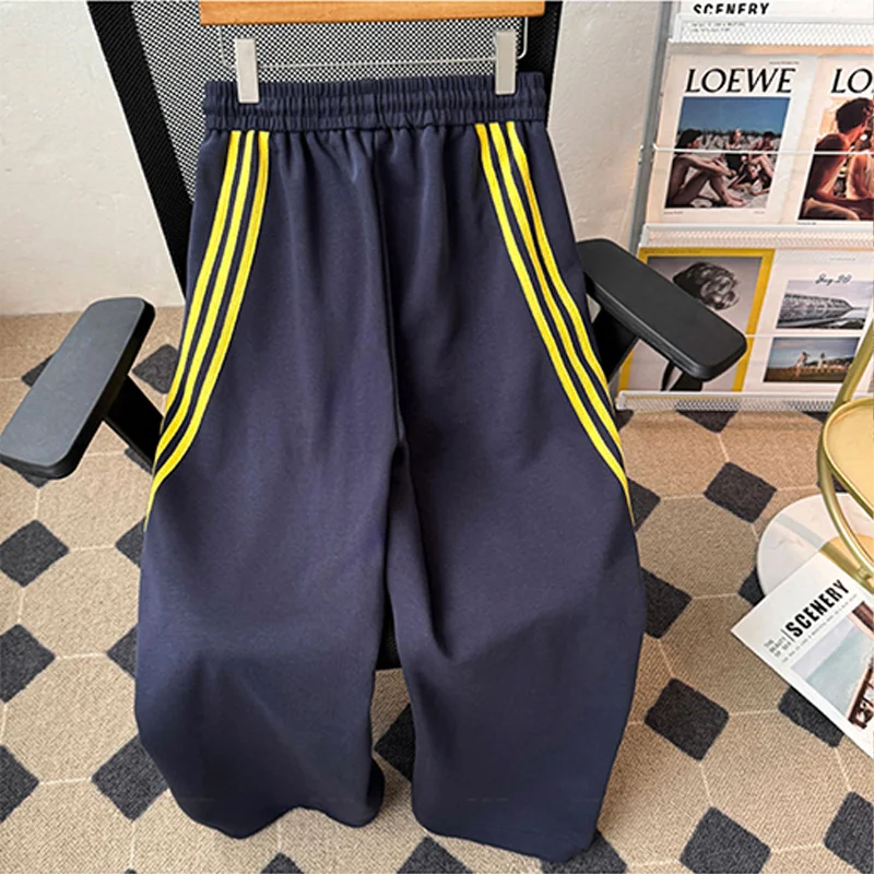 Trendy Retro High Street Farbe Blo T-shirt Streifen Lose Hohe Taille Casual Sport Hosen Frühling Herbst Einzigartige Abnehmen Lange Tro...