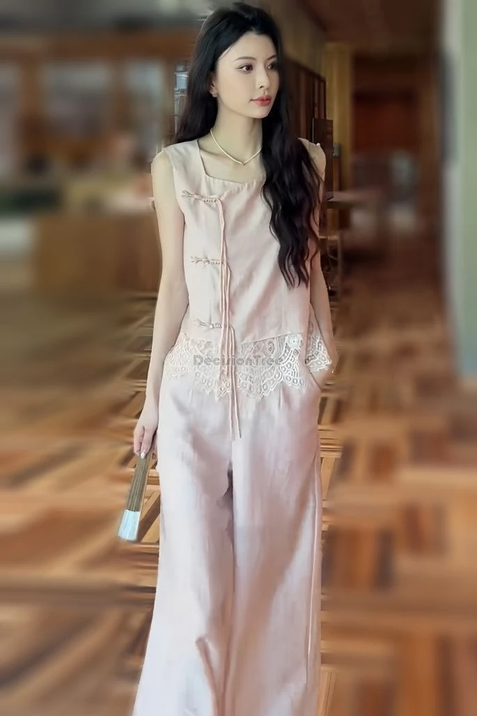 

2025 summer women chinese-style lace patchwork design sleeveless top high-waisted wide-leg pants 2 piece fashion tang suit set