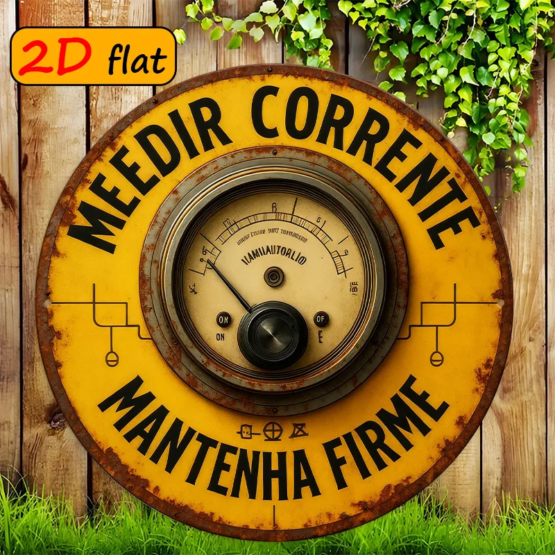 Panneau Métallique Rond Vintage Portugais « Keep Steady Current Meter » – Décoration Murale Industrielle Rustique en Étain pour Garage et Atelier