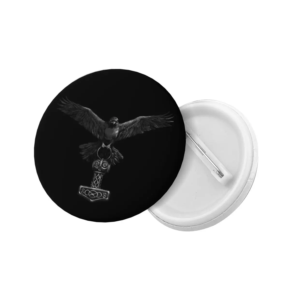 Custom Viking Odin Raven With Thor Mjolnir Hammer Button Pin for Hats Norse Odin God Badges Brooches Pinback Gift