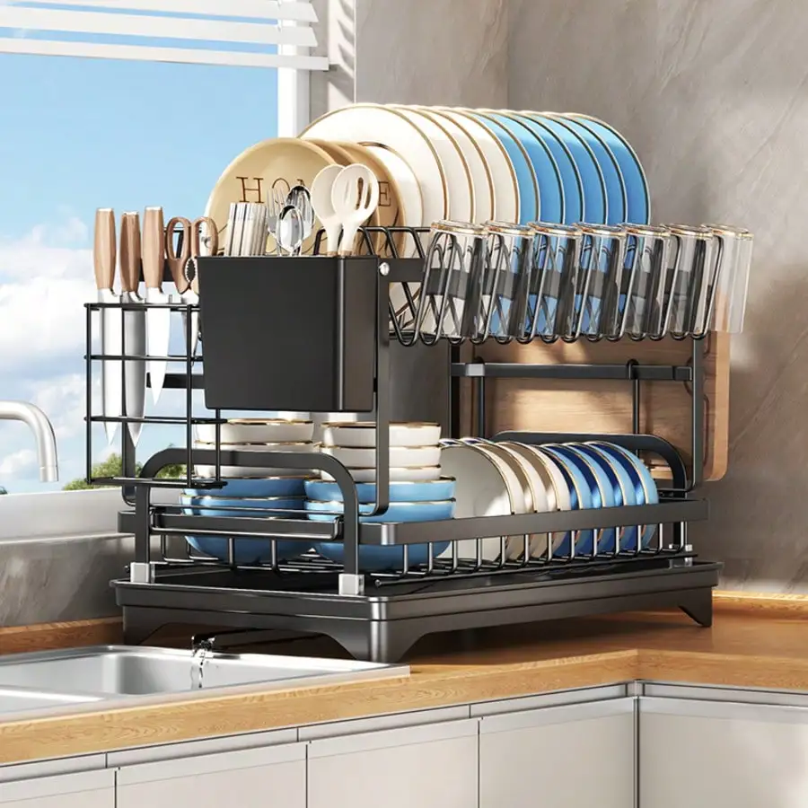 Kusuxva This Double-Layer Metal Kitchen Countertop Dish Rack Is Space-Saving And Durable. It Comes With A Knife And Fork Holder,