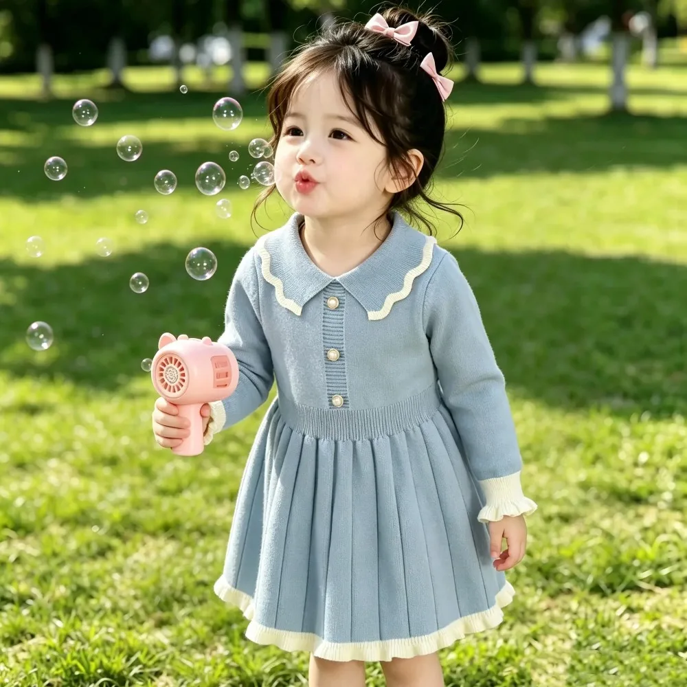 

2-6 Year Old Cute Baby Girl Dresses Autumn/Winter Long Sleeved Color Blocked Collar Knitted Sweater Dress Warm Kids Clothing