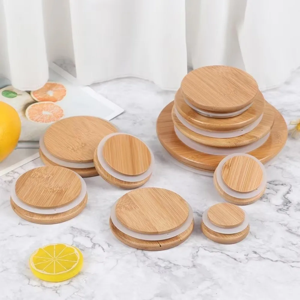 New Reusable Bamboo Lids Thicken Non Leakage Wooden Covers Silicone Sealing Jar Canning Caps Drinking Jar Supplies