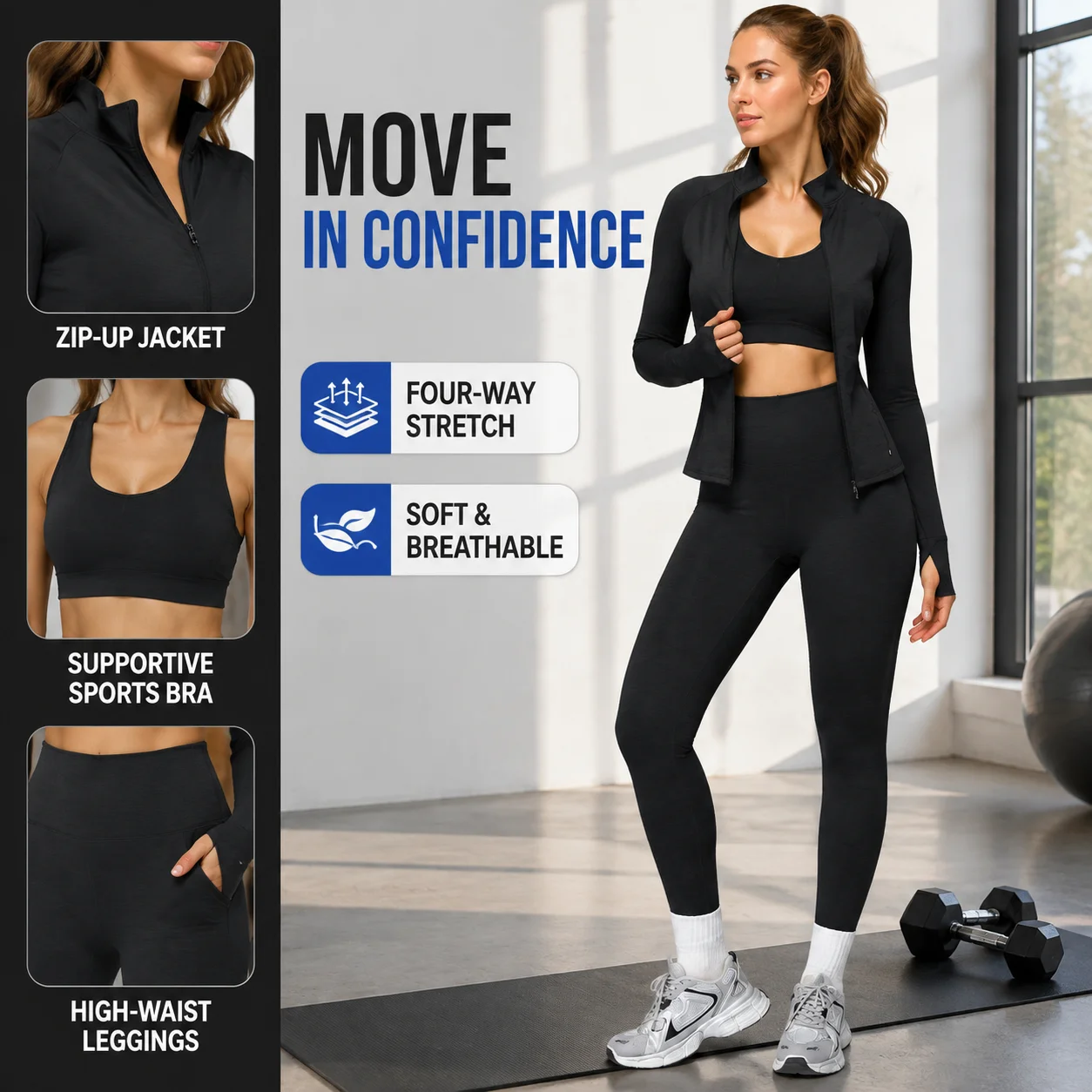 Women's 3-Piece Zip-Up Jacket, Sports Bra & Leggings Set - Thumb Hole Tummy Control Yoga Gym Suit, Multiple Colors, S-XL