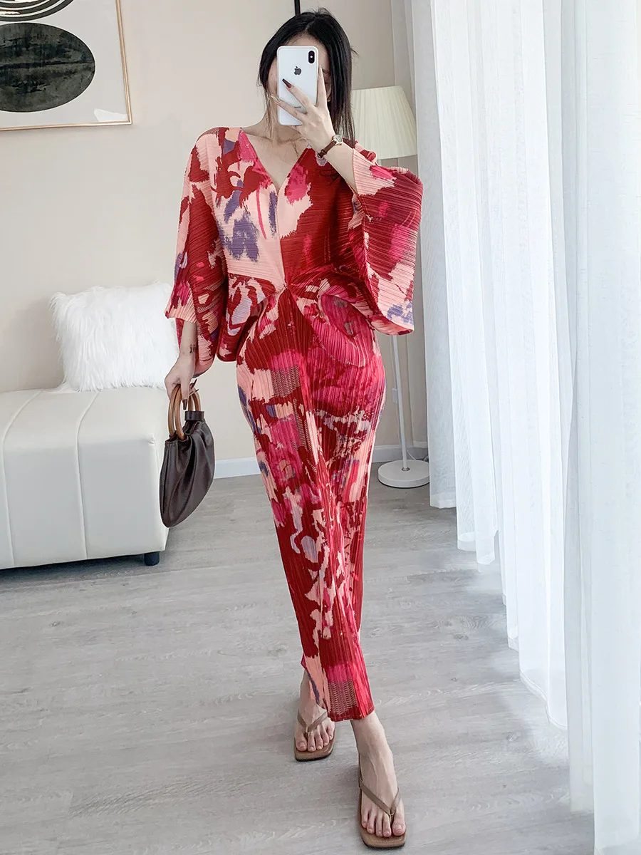 Miyaki Fold Dress for Women, Elegant Dress, V-neck, Bat-Sleeve, Printed Loose Dress, High-Grade, Spring and Autumn Fashion, 2022