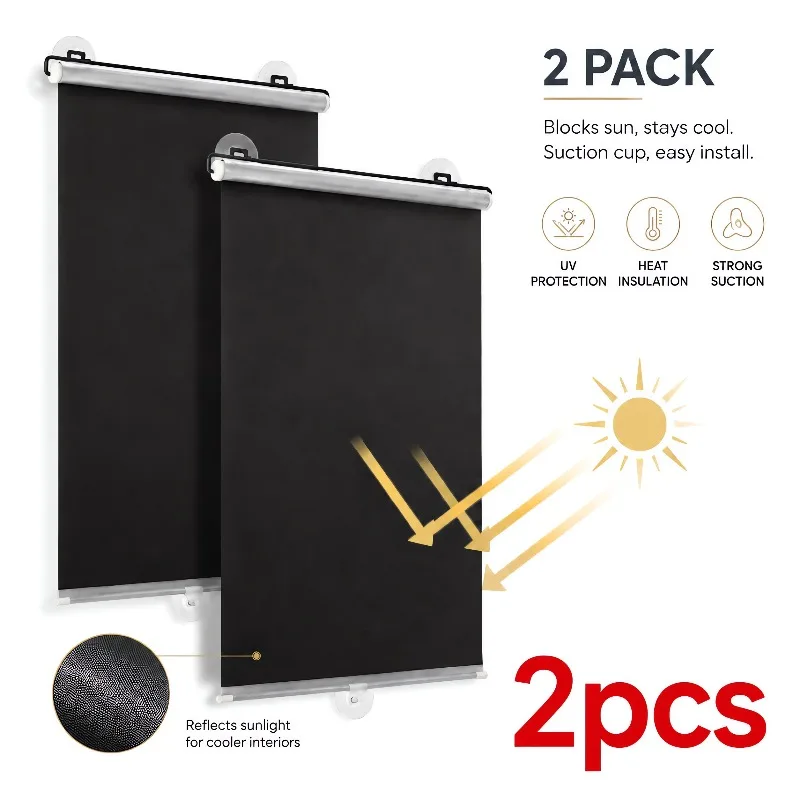 2pcs No-Drill Strong Suction Cup Sun Shade Curtains, Single Titanium Silvery Coating Automatic Retractable Roll-Up Curtains