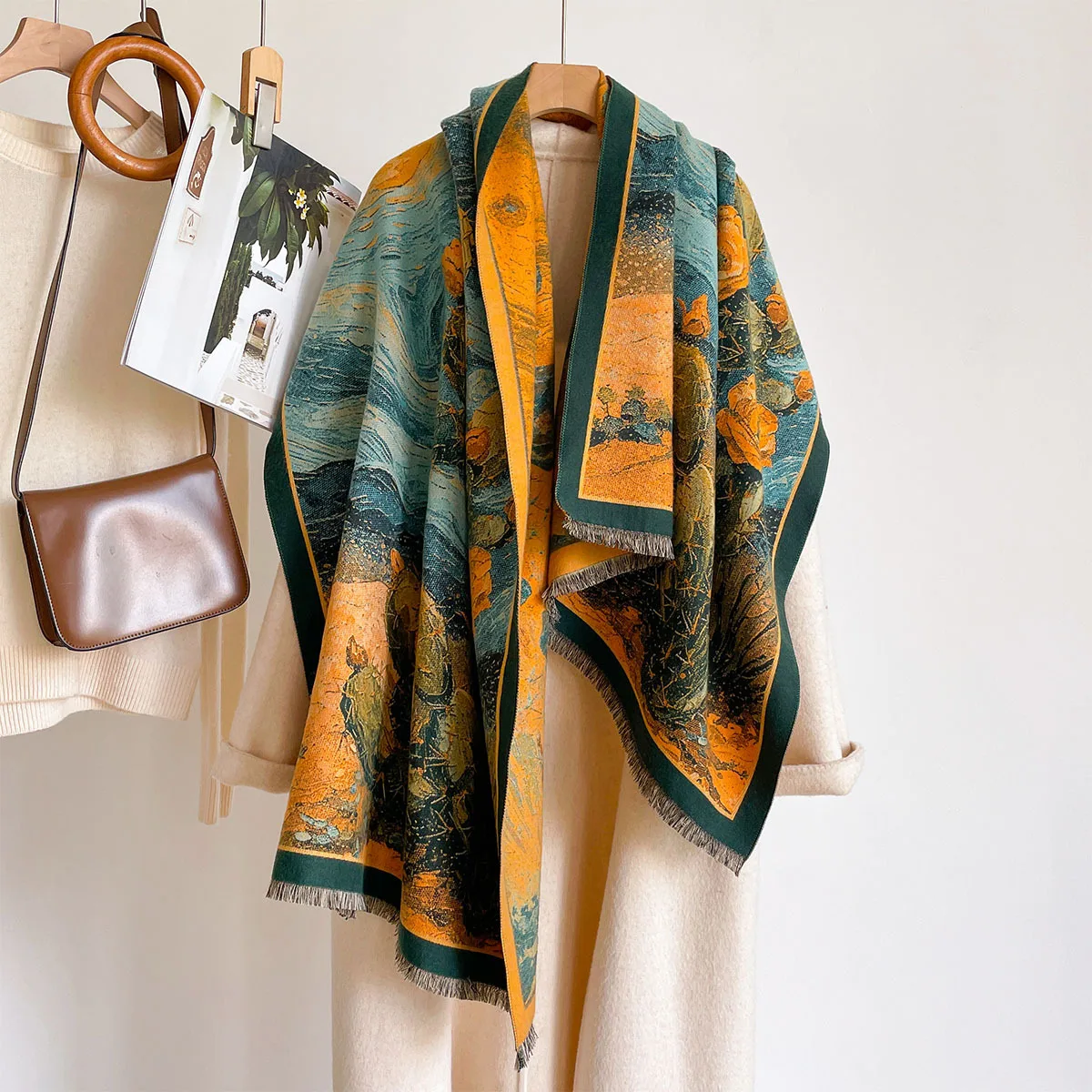 Faux Cashmere Winter Scarf Women Oil Painting Shawl Thick Wrap Soft Warm Fringed Long Versatile Elegant Women Scarves Bufanda