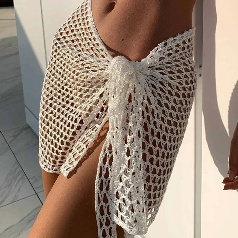 2025 Trend Women Knitted Hollow Out Solid Color Skirt Sexy Beach Sunscreen Short Dress Swimsuit Cover-Ups Bonds Sarong Skirt