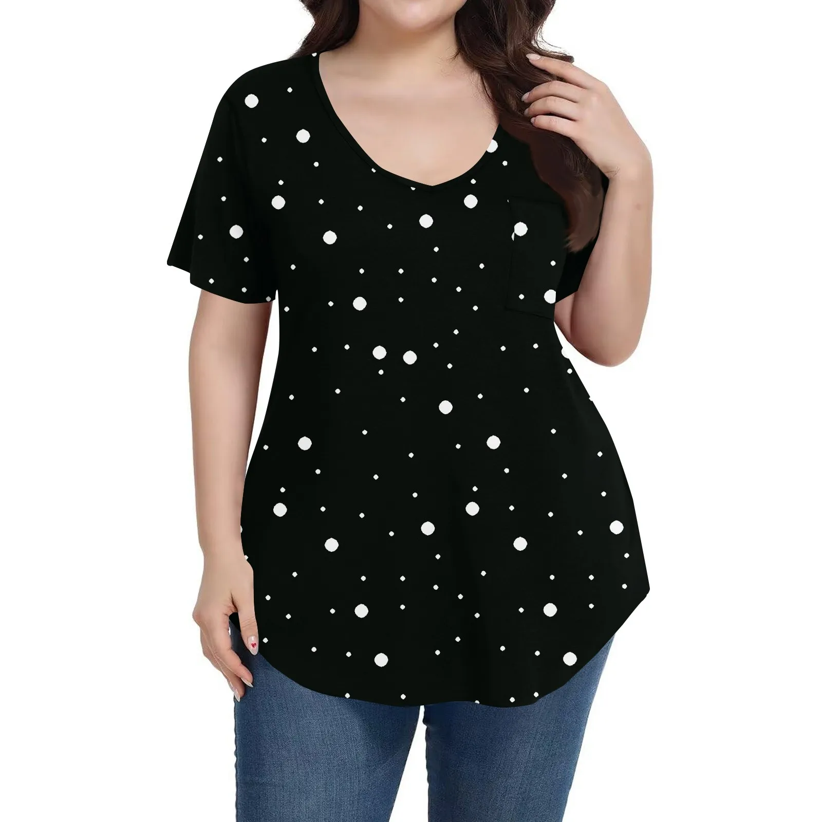 Plus size v-neck short-sleeved T-shirt women's fashionable retro polka dot print top summer loose plus sized t shirts top