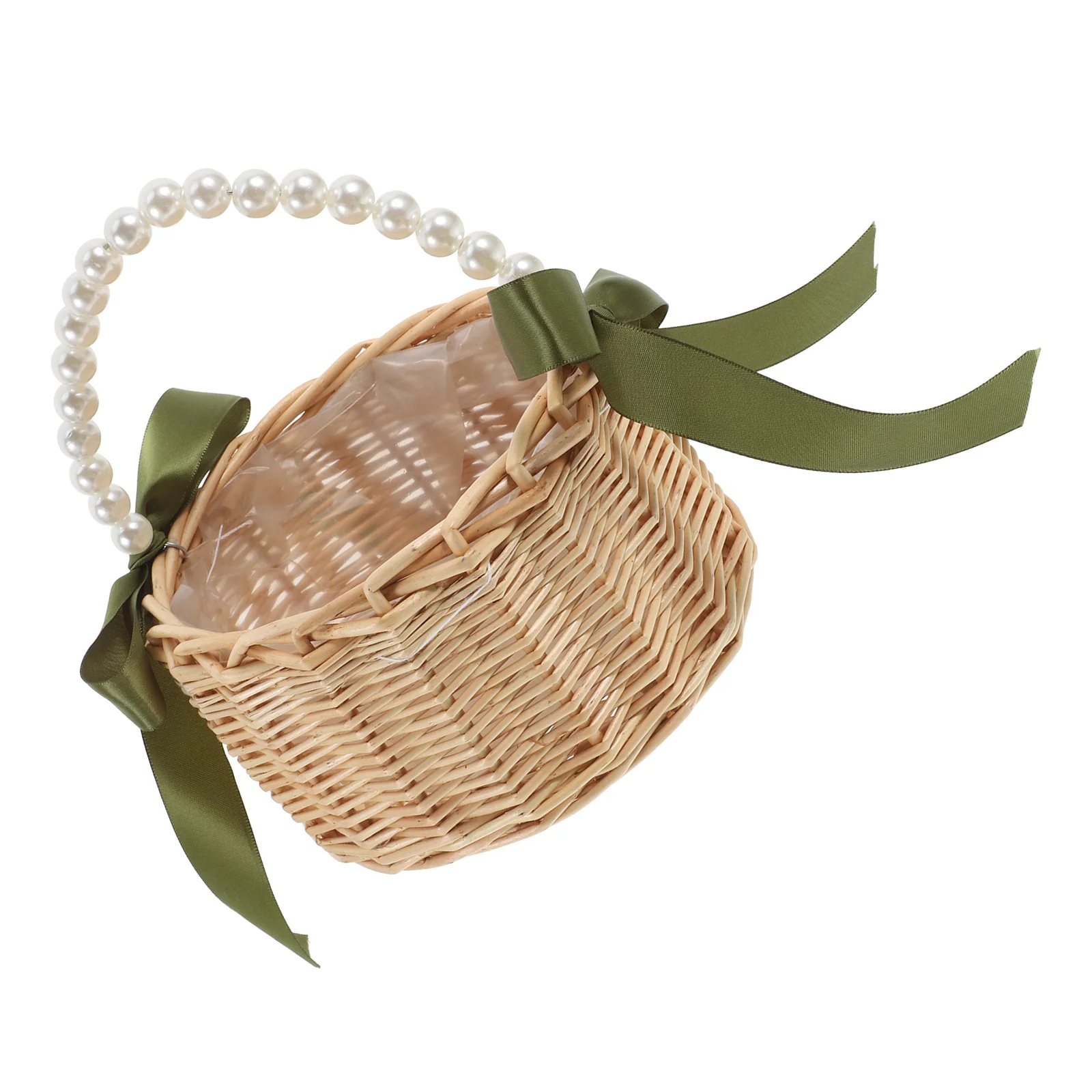 

Elegant Pearl Wicker Flower Basket Handmade Handle Design for Flower Wedding Favor Carrier Garden Event Decoration