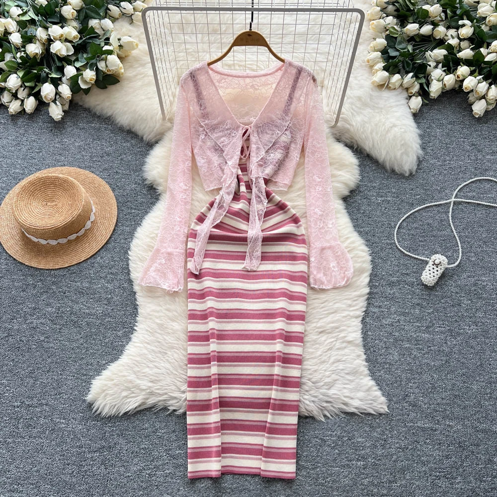 

Retro striped mesh Pleated Elegant Beach Vacation Party Dress Women Summer Vestidos dress