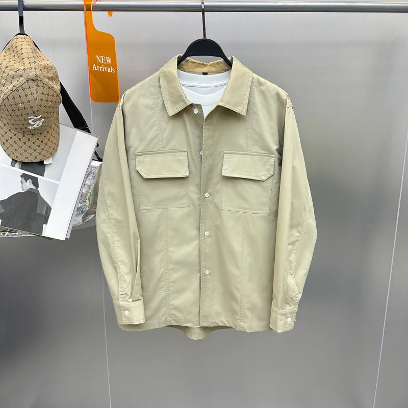 

Khaki Long Sve Loose Fit Collared irt Trendy Youth Faion Spring Autumn Men's Casual Workwear Bird Poer Fly Brand