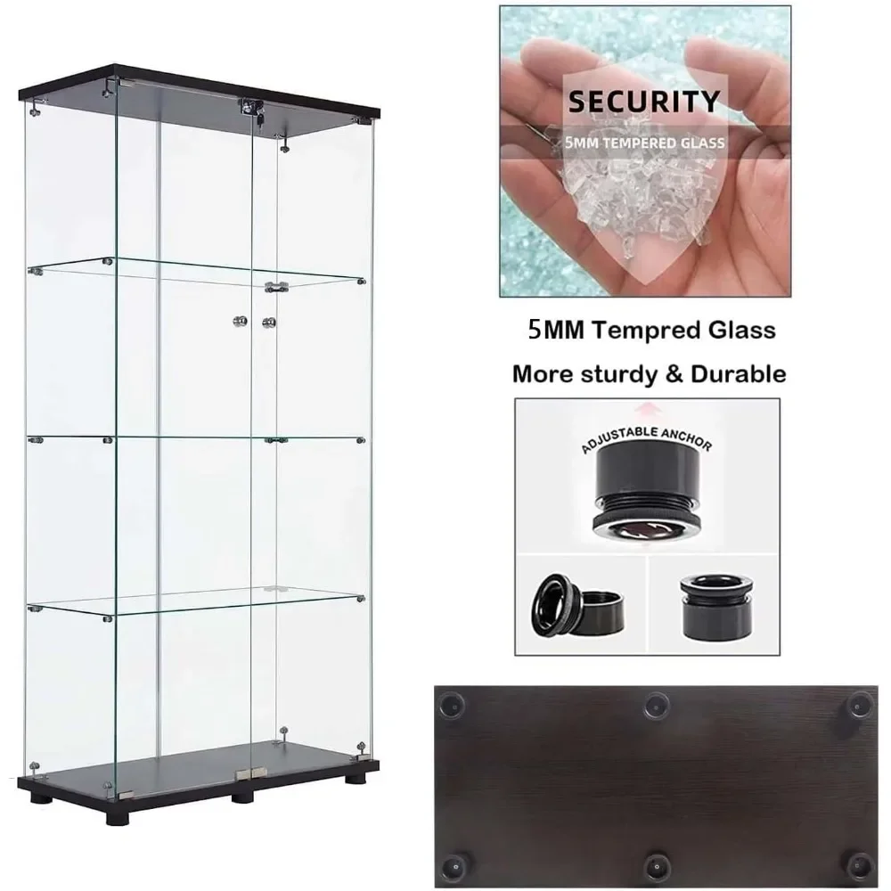 Glass Display Cabinet 4-Shelf with Double Door, Curio Display Cabinet with 5mm Tempered Glass, 64 x 31.7 x 14.3 in, Black