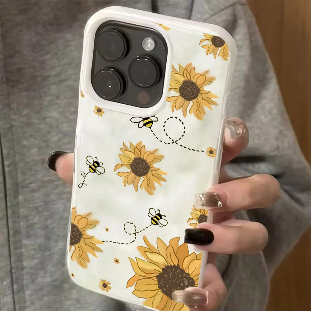 Coque de téléphone à motif abeille et tournesol pour iPhone 13 12 11 17 16 15 14 Pro Max Plus 17 Air, texture froissée simple
