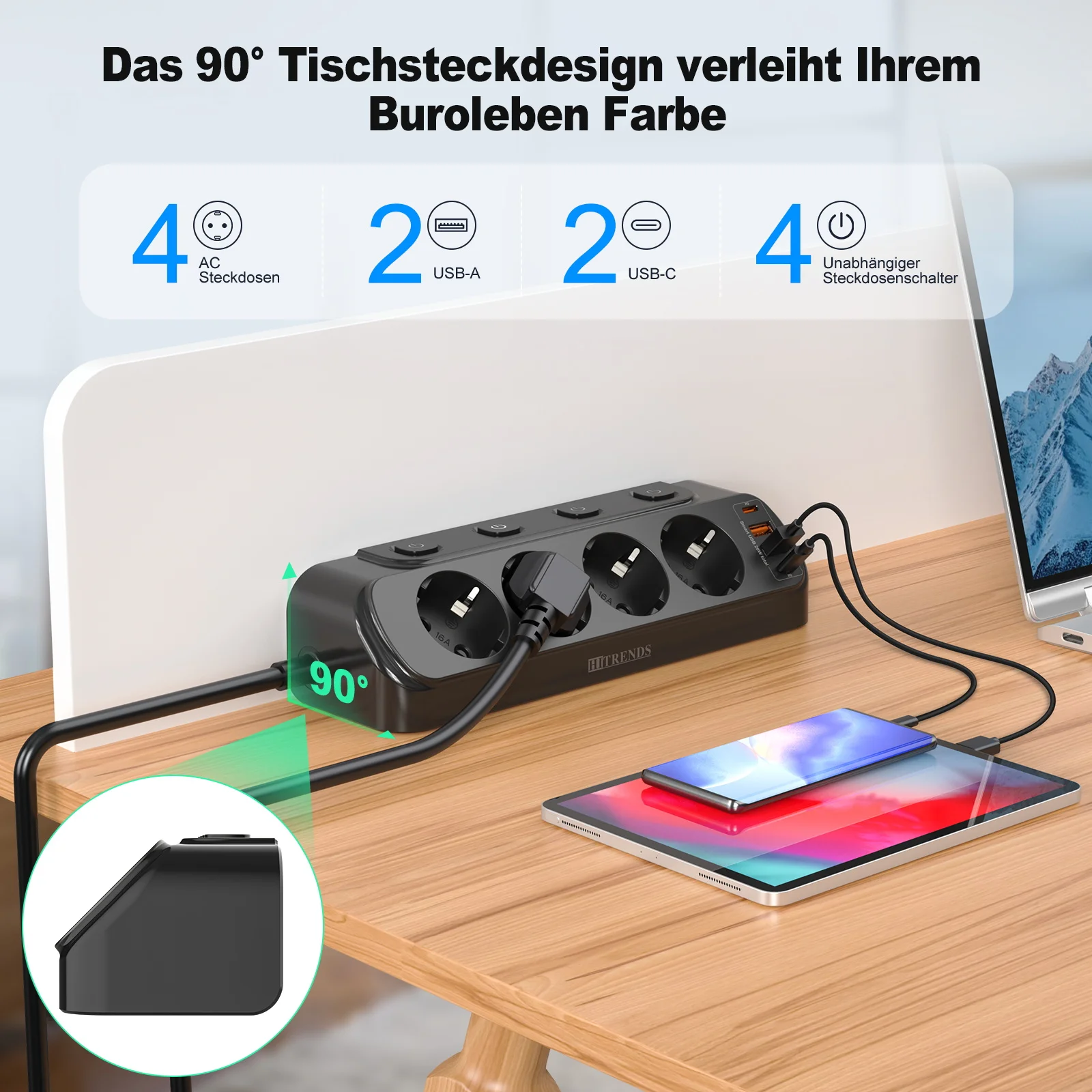 flat plug 90-degree desktop power strip with 4 AC outlets 2 USB 2 Type C PD20W fast charge EU power socket 3m cable for home