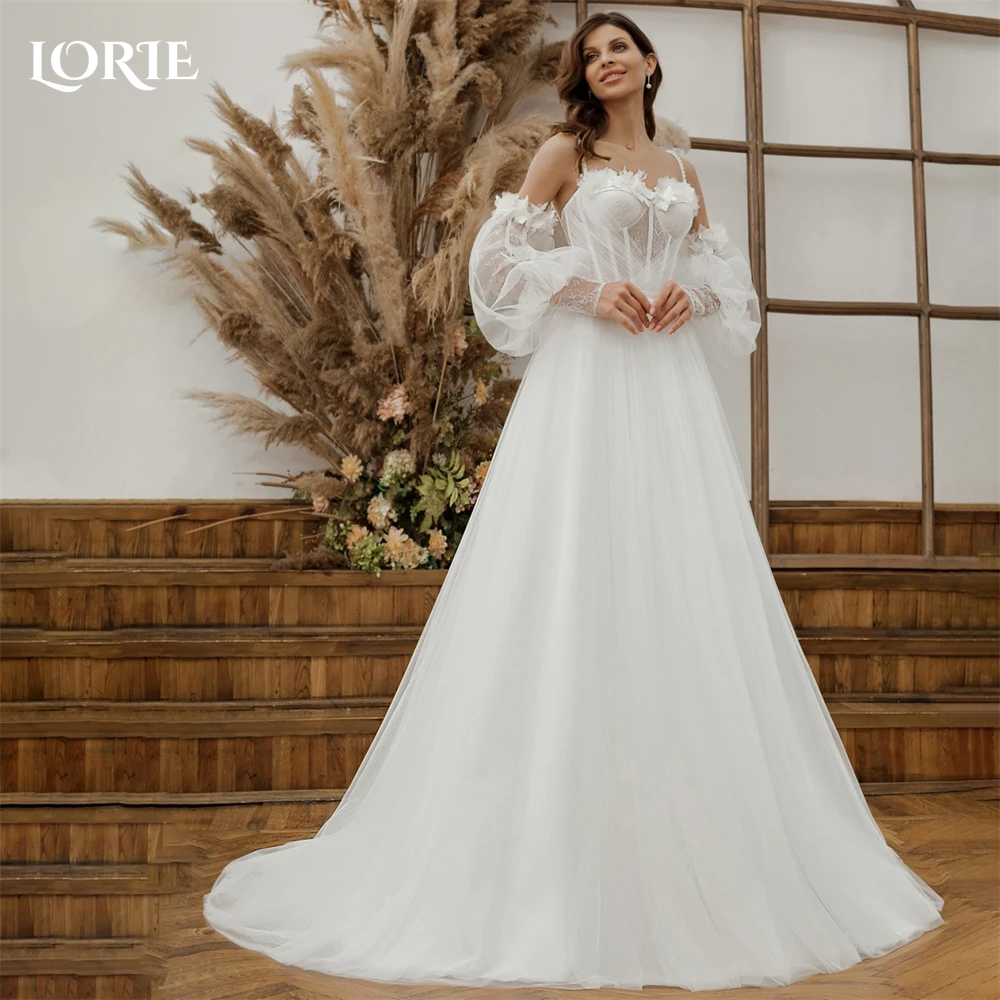 

LORIE Boheia Lace Wedding Dresses Spaghetti Straps A-Line Puff Sleeves 3D Flowers Bridal Gowns Backless Princess Bride Dress