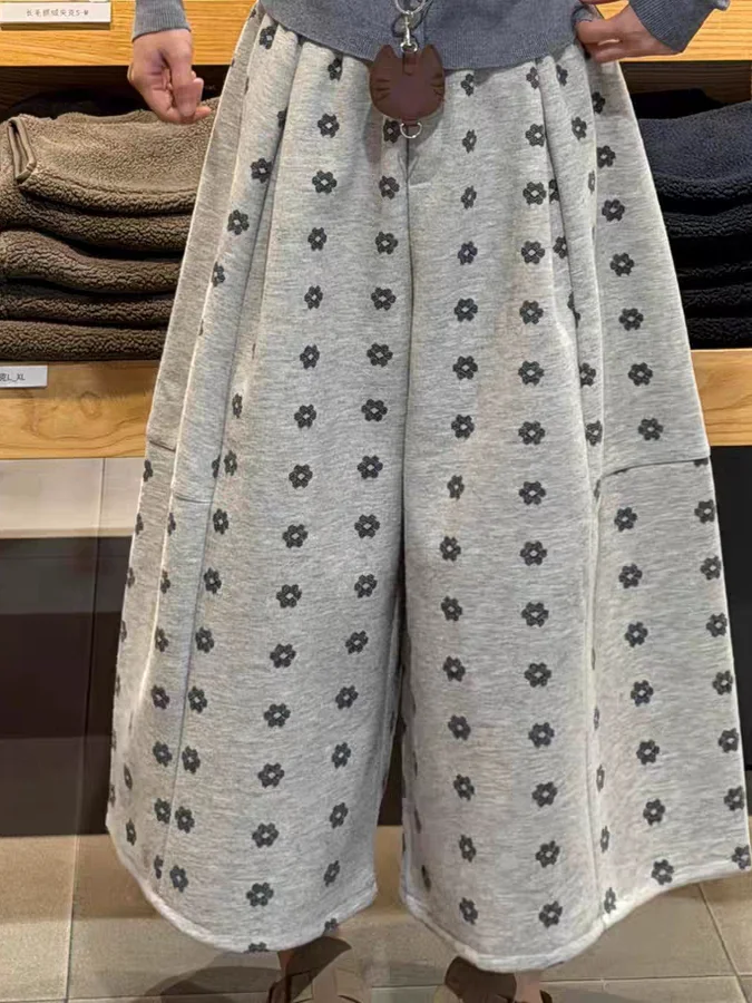 

Модные прямые брюки больших размеров в стиле ретро, женские зимние теплые широкие длинные брюки с высокой талией, растительный цветочный узор