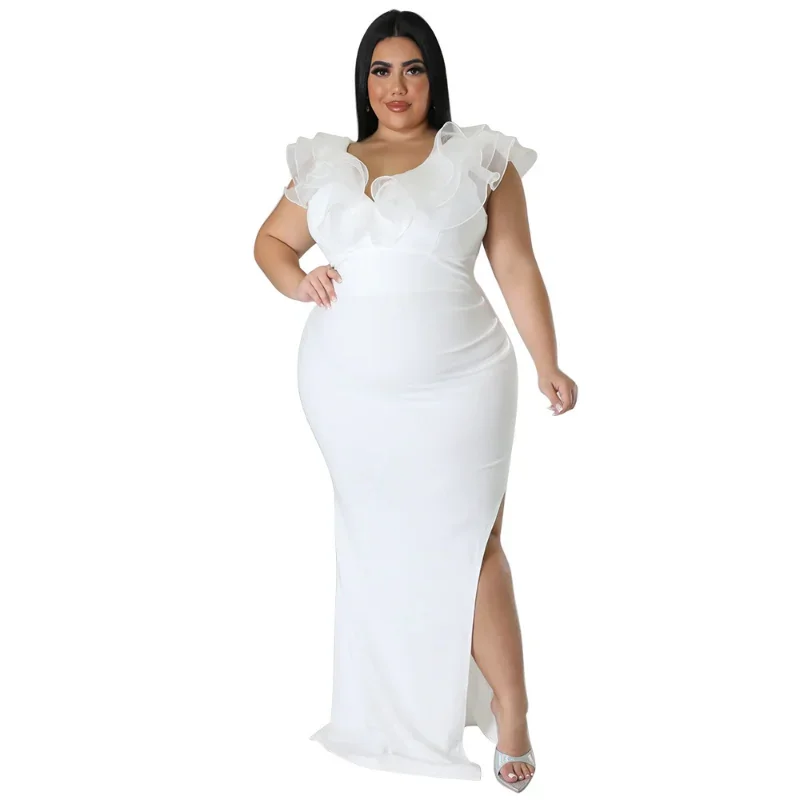 L-4XL Plus Size Women Clothing Party Dresses African Spring Summer Mesh Ruffles Bodycon Split Sexy Club Elegant Evening Dress