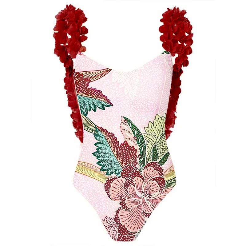 One Piece Swimsuit Swimwear Women Vintage Print Ruffled Flowers Shoulder Straps Backless Bathing Suit Beachwear Banadores Mujer