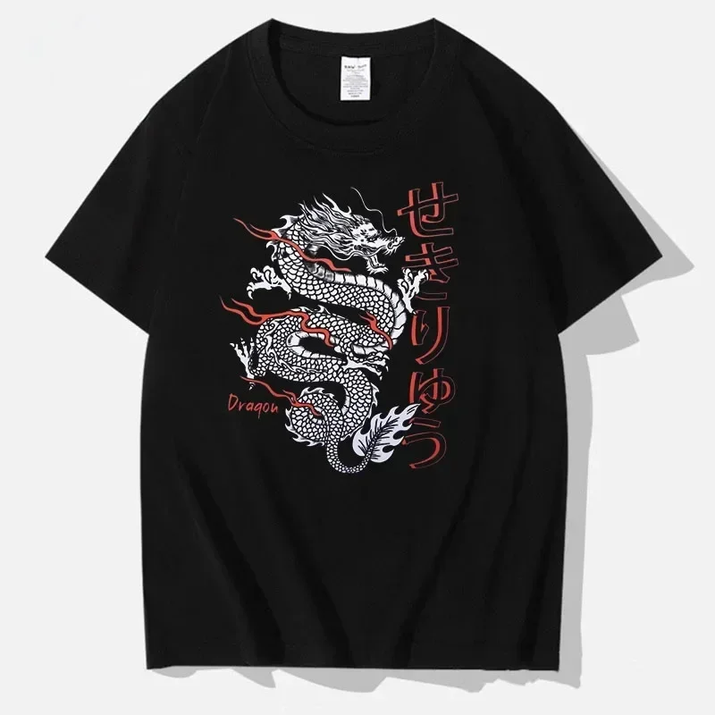 Men\'s Cotton T-shirt Dragon Pattern Funny Printed T-Shirt Summer Women Casual Harajuku Y2K Tops Tee Lady Black Clothes