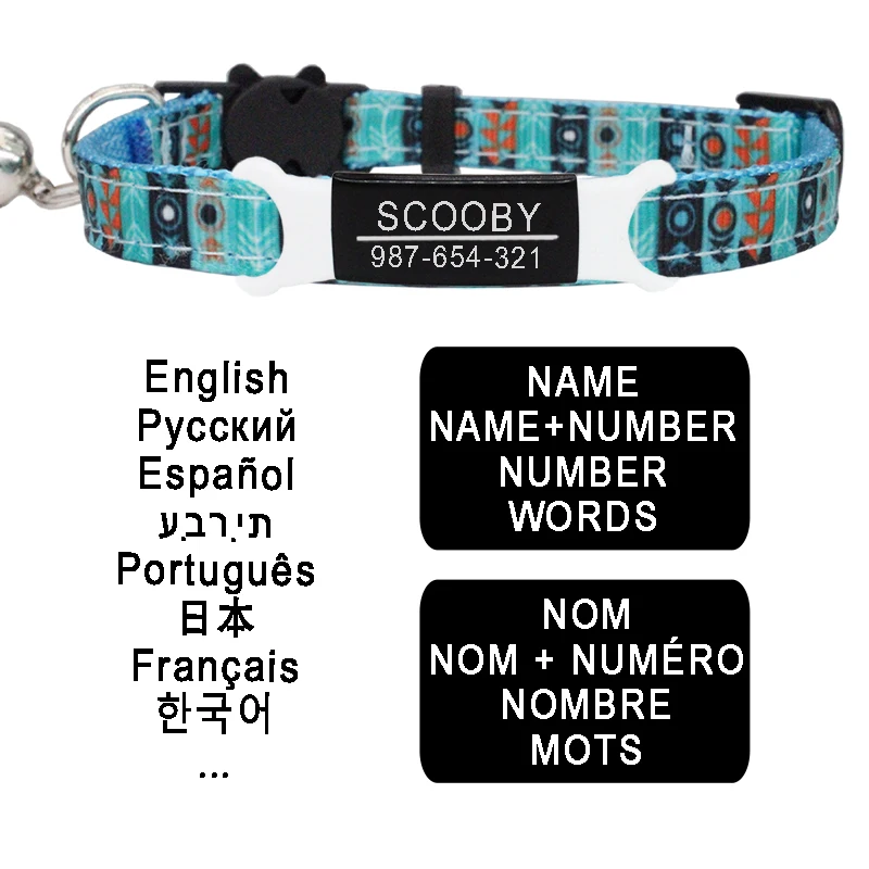 Collar de gato con etiqueta de identificación personalizada, Collar personalizado de seguridad, ajustable, grabado de nailon, para gatito pequeño