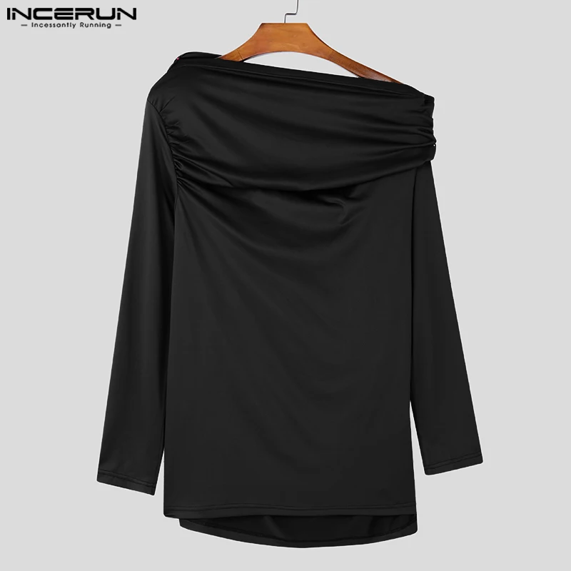 2024 INCERUN Sexy Men Tops Casual Solid Long Sleeve T-shirts Elegant Oblique Shoulder Tees American Fashion Vintage Style Tops