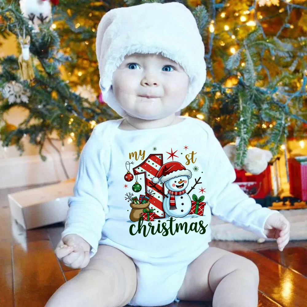 My 1st Christmas Snowman Print Baby Bodysuit Cute Long Sleeve Newborn Boys Girls Christmas Clothes Infant Xmas Jumpsuit